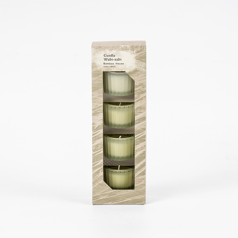 Sada 4 svisle pruhovaných malých skleněných kalíšků na svíčky